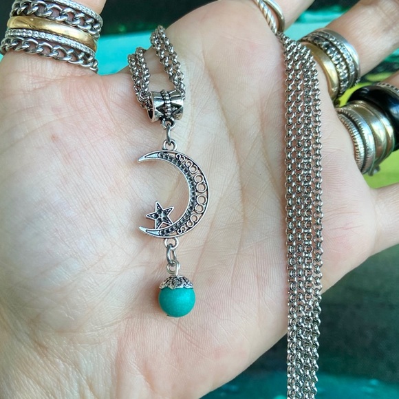 Stainless steel double chain moon star & turquoise - Picture 7 of 9
